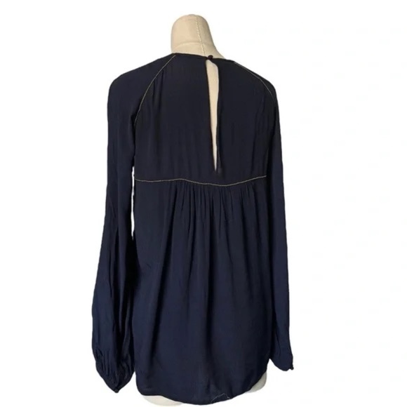 Zara Woman Blouse Navy Blue Gold Trim Peasant Sleeve 100% Viscose Women's Small - Picture 4 of 5